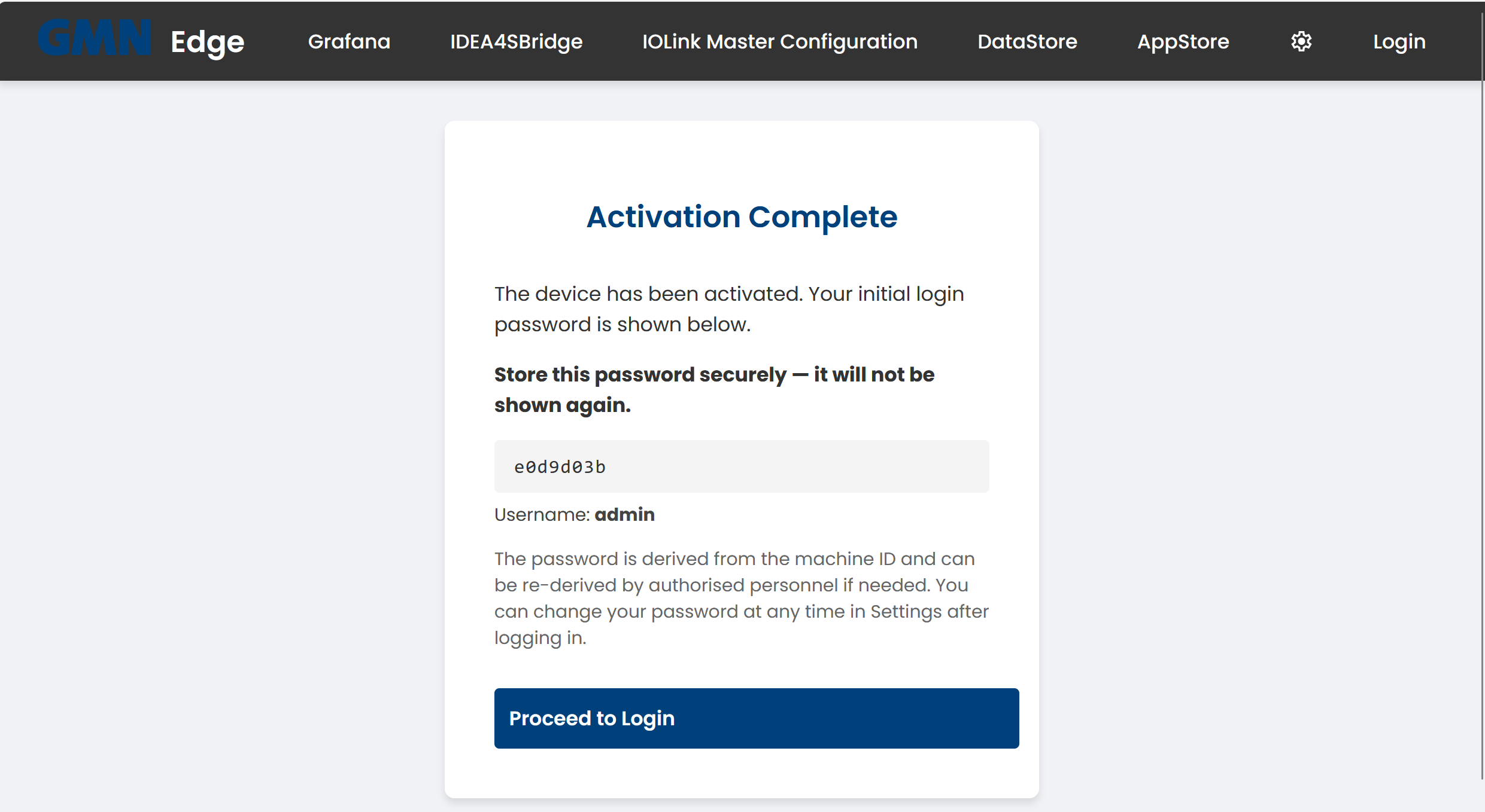 Aktivierung abgeschlossen — Anzeige des einmaligen Initialpassworts