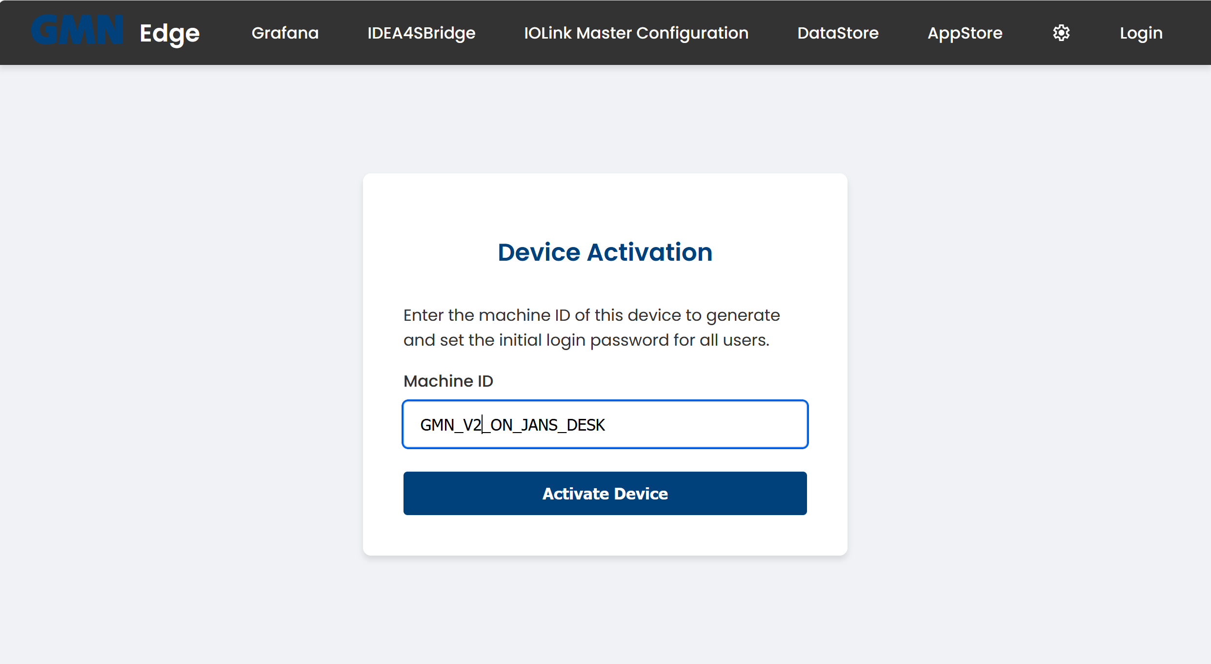 Geräteaktivierungs-Bildschirm der GMN openXEdge