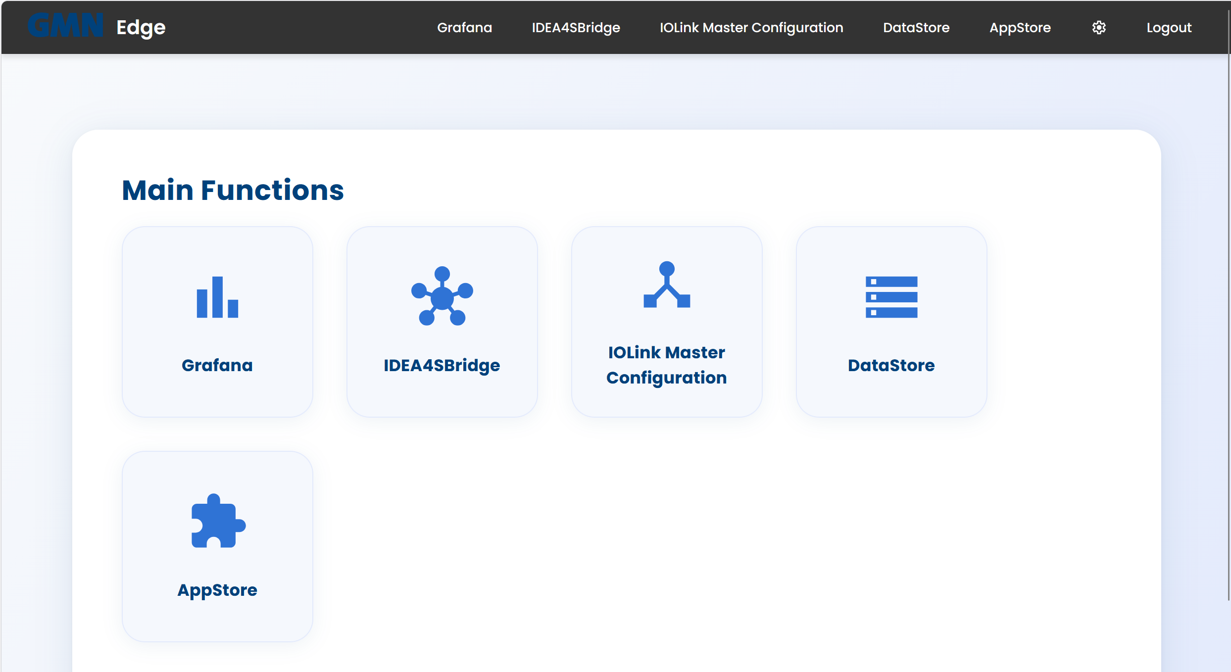 Startseite Main Functions mit den fünf Haupt­anwendungs-Kacheln