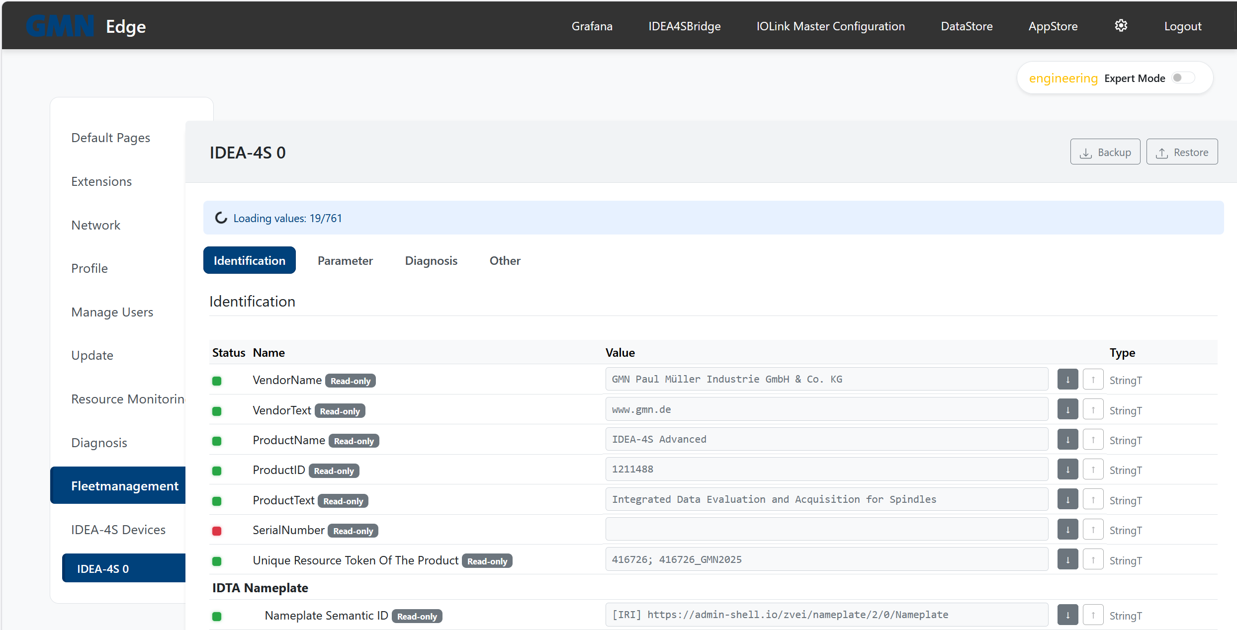 Einstellungen → IDEA-4S Devices → IDEA-4S 0 → Identification