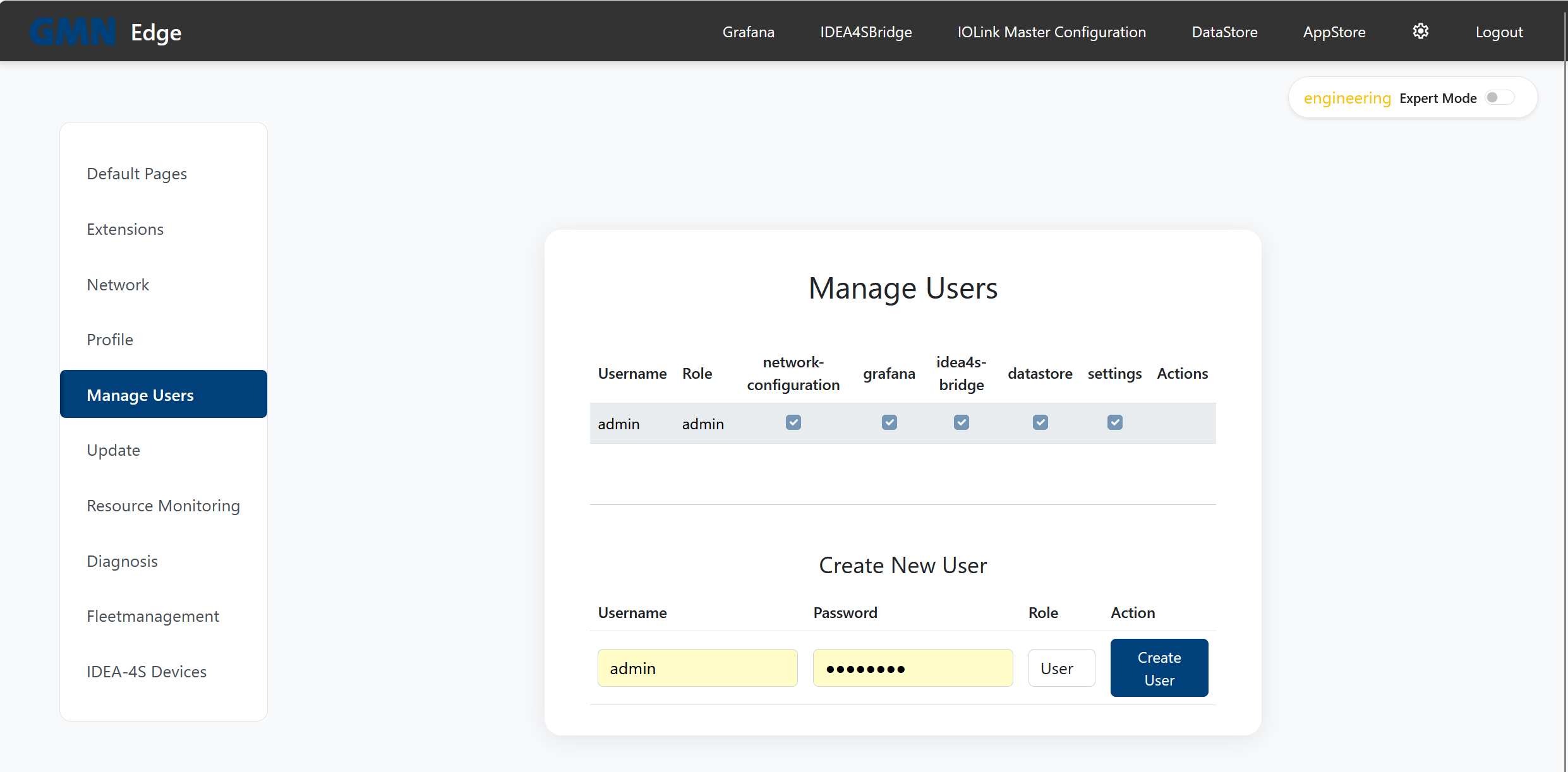 Einstellungen → Manage Users mit Berechtigungs-Tabelle und Anlage-Formular